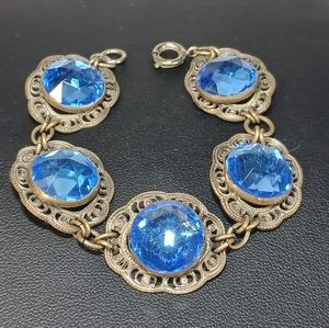 Vintage Unsigned 1940's Silver Tone Bracelet Art Deco Alluring Blue Glass Stones